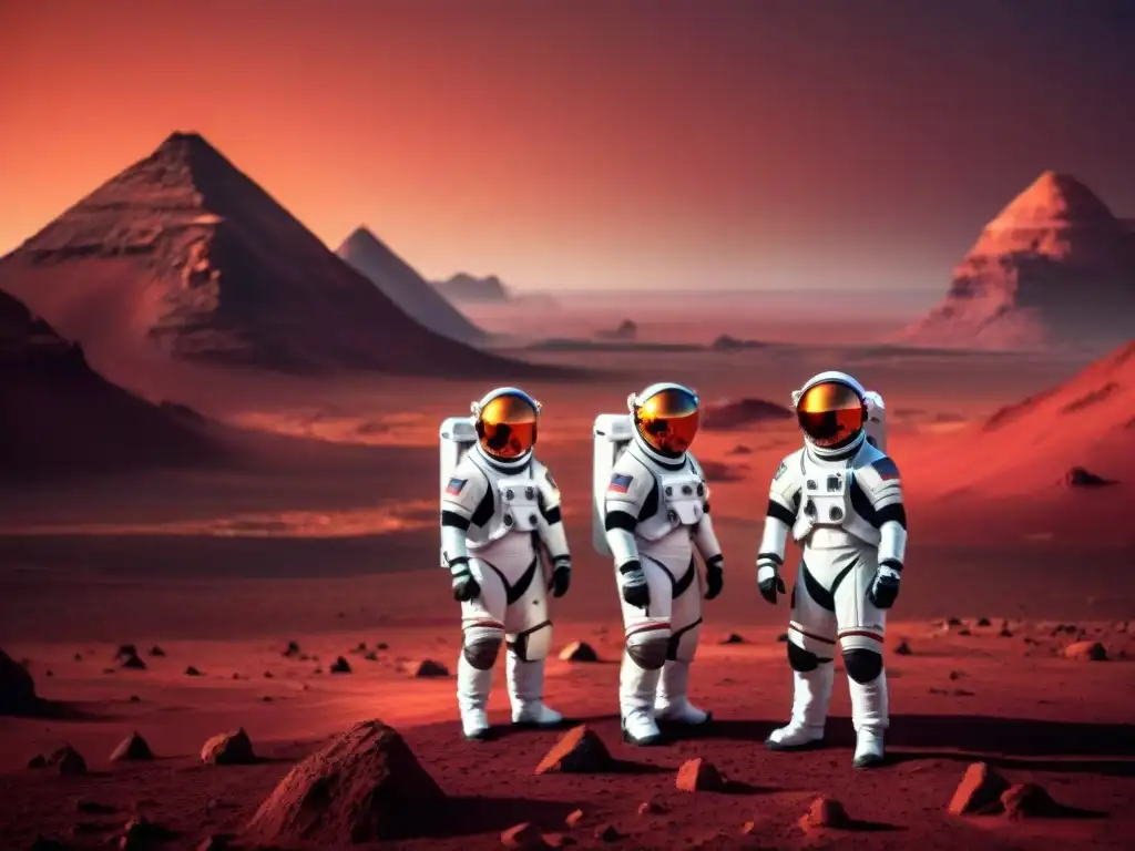 Un grupo de astronautas en trajes espaciales futuristas exploran Marte al amanecer, destacando la belleza y potencial del planeta rojo