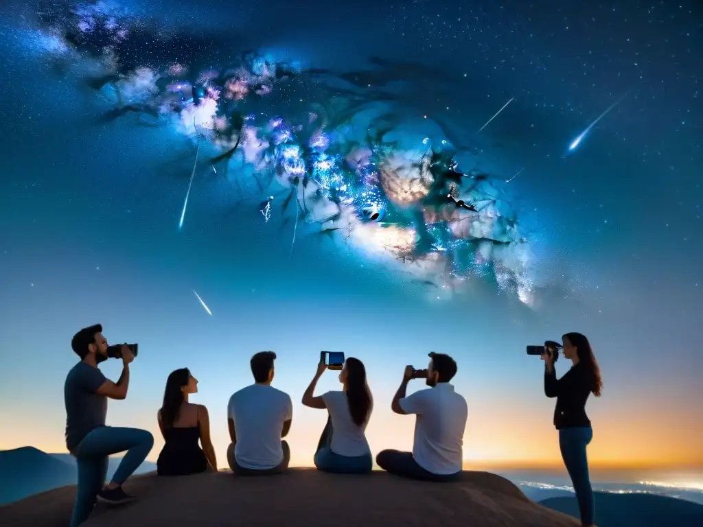 Astrónomos aficionados exploran el cosmos nocturno con tecnología Un grupo de astrónomos aficionados usando aplicaciones móviles para observar constelaciones bajo un cielo estrellado