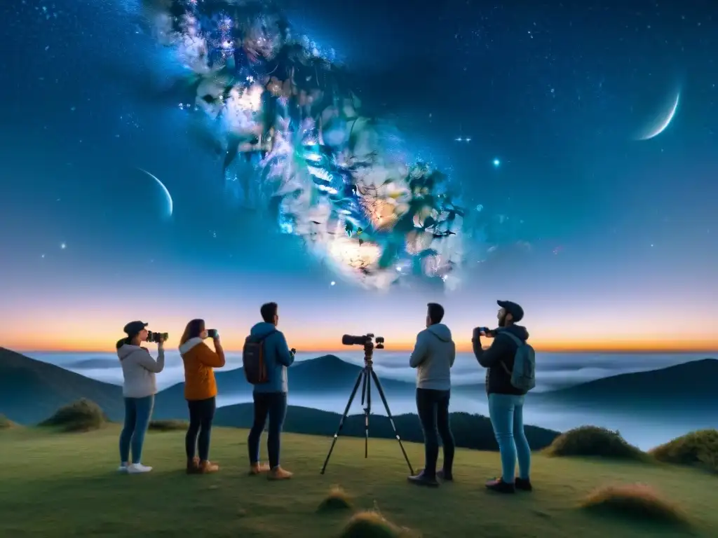Amantes de la astronomía explorando el firmamento estrellado con apps Grupo de astrónomos aficionados usando aplicaciones móviles para observación astronómica bajo el cielo estrellado