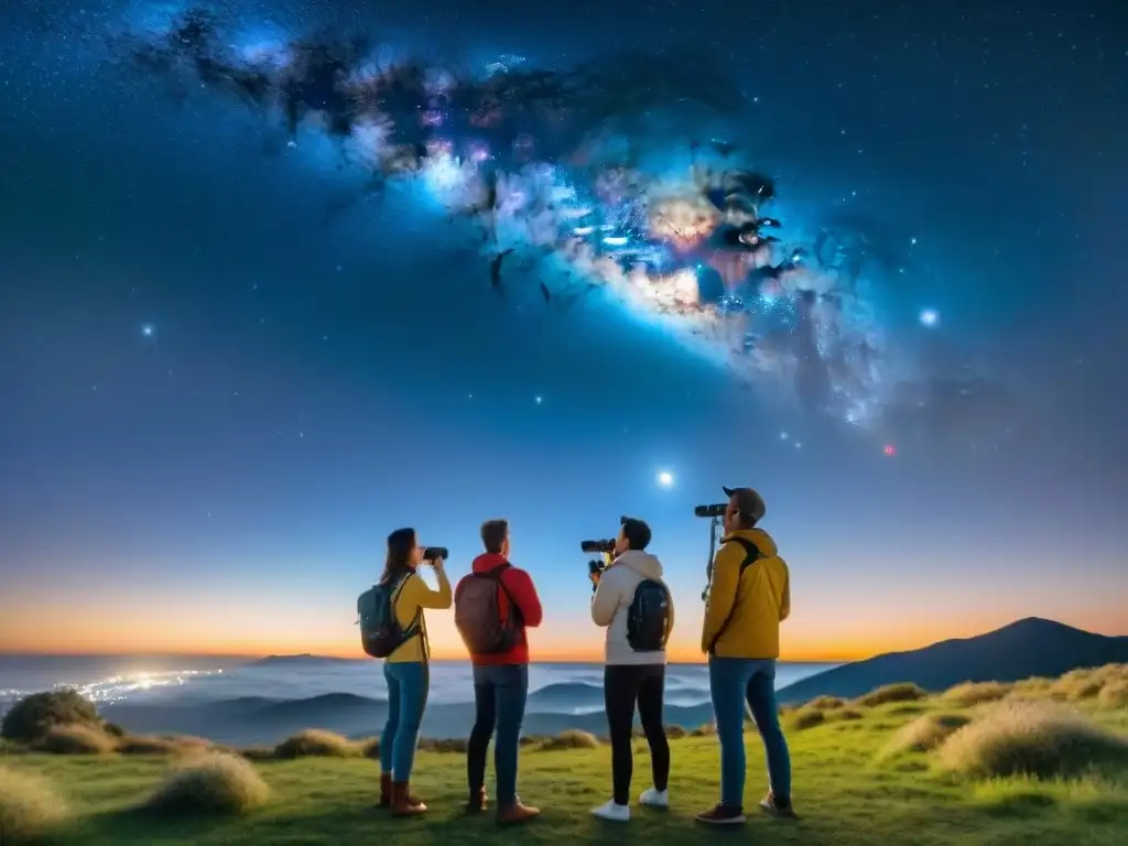 Grupo de astrónomos aficionados observando el cielo nocturno con un telescopio, en un proyecto de ciencia ciudadana