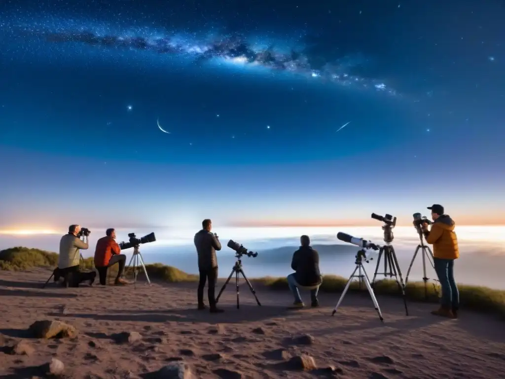 Grupo de astrónomos aficionados observando el cielo estrellado con telescopios y laptops