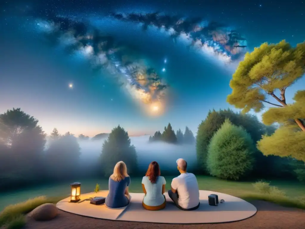 Un grupo de astrónomos aficionados observando el cielo estrellado en su patio trasero, haciendo aportes a la ciencia espacial