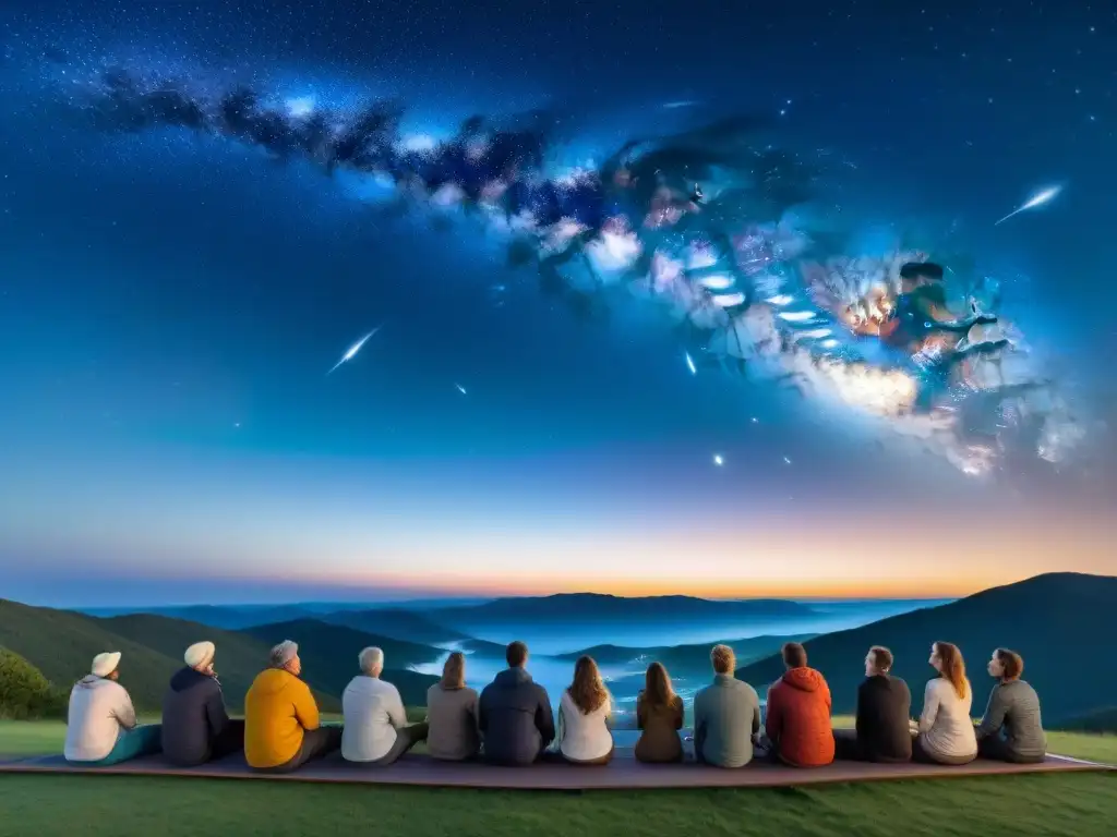 Un grupo de astrónomos aficionados observando el cielo estrellado con sus telescopios