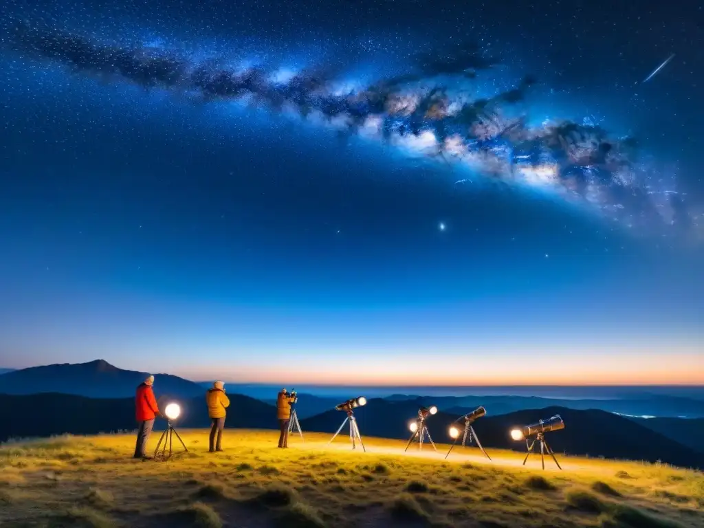 Grupo de astrónomos aficionados explorando el cielo nocturno con los mejores telescopios para principiantes