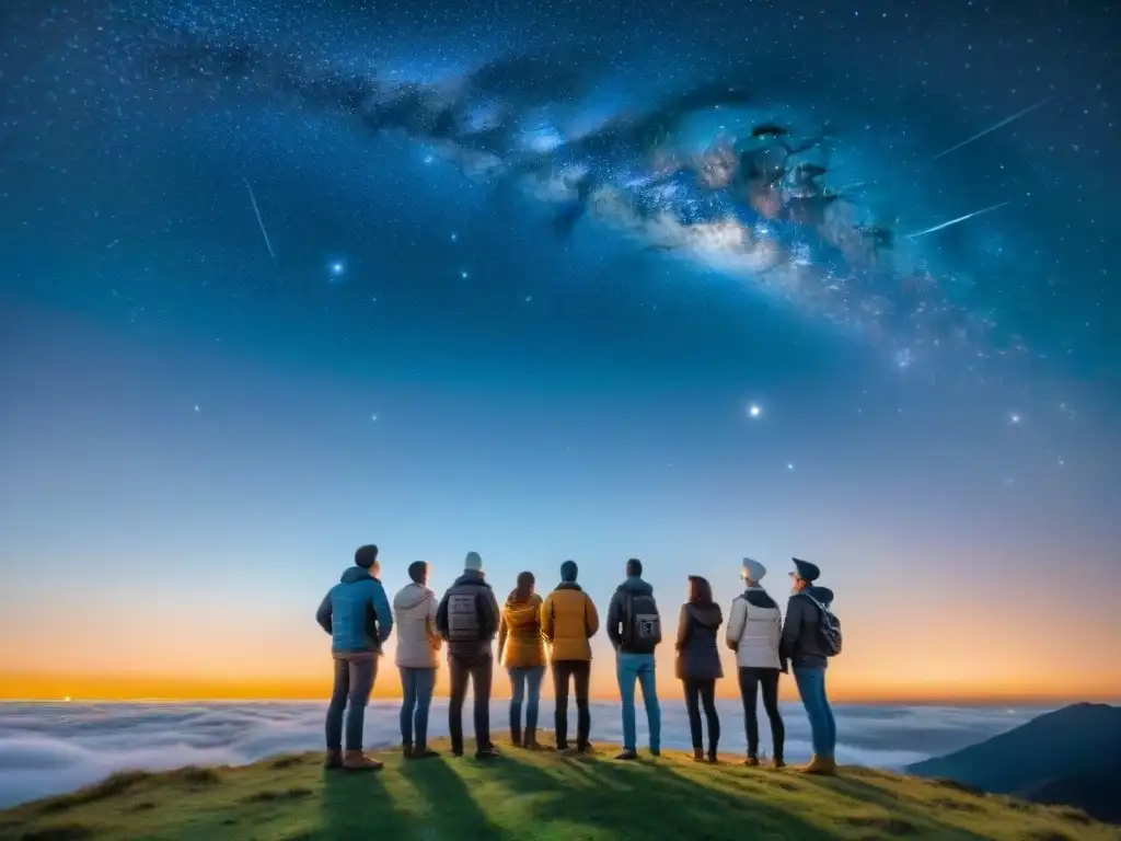 Grupo de astrónomos aficionados identificando constelaciones en el cielo nocturno estrellado, compartiendo emoción y camaradería