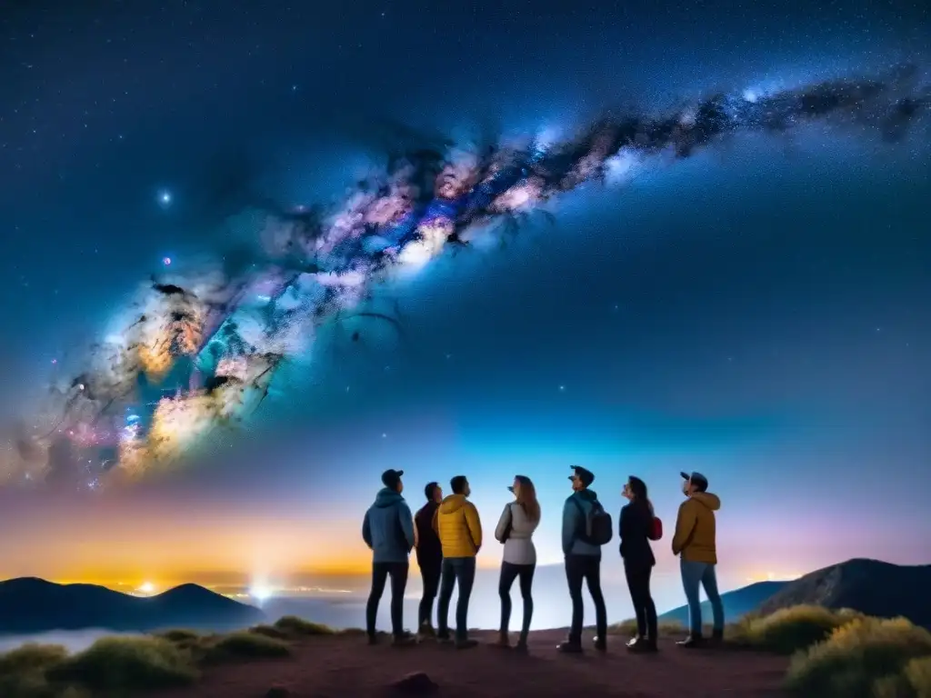 Grupo de astrónomos aficionados observando una galaxia lejana a través de un telescopio bajo un cielo estrellado