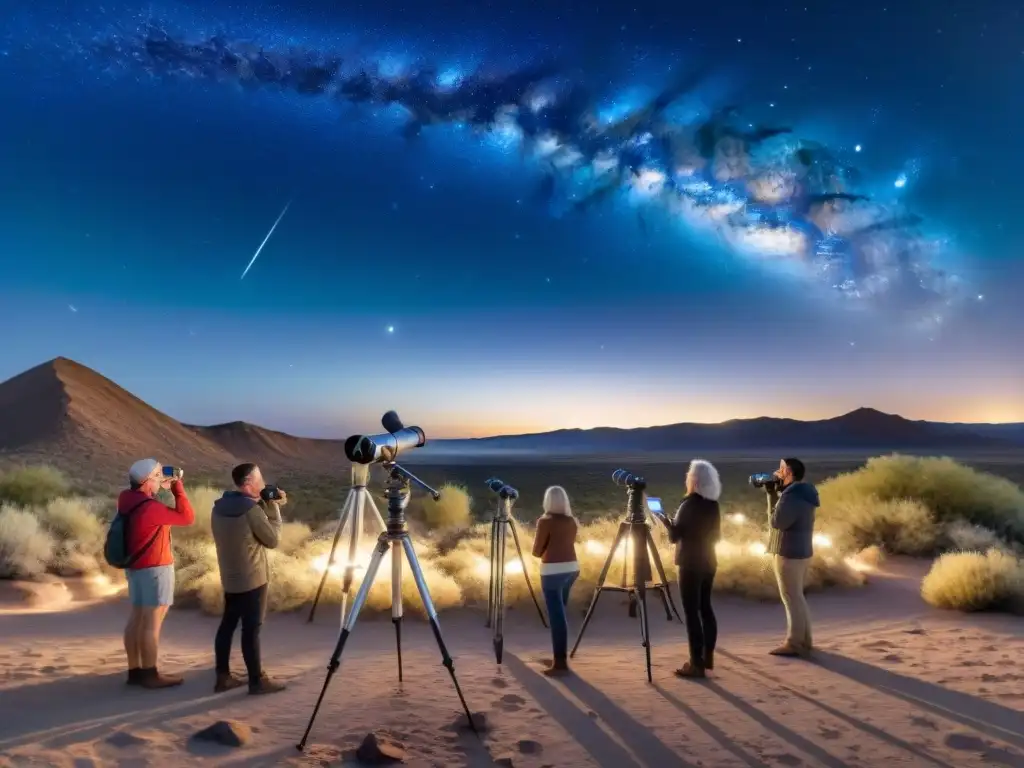 Grupo de astrónomos aficionados observando una lluvia de meteoros en el desierto con Herramientas para aficionados al espacio