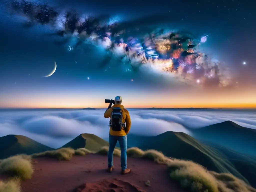 Un grupo de astrónomos aficionados observa maravillado el cielo estrellado, apuntando hacia una nebulosa brillante