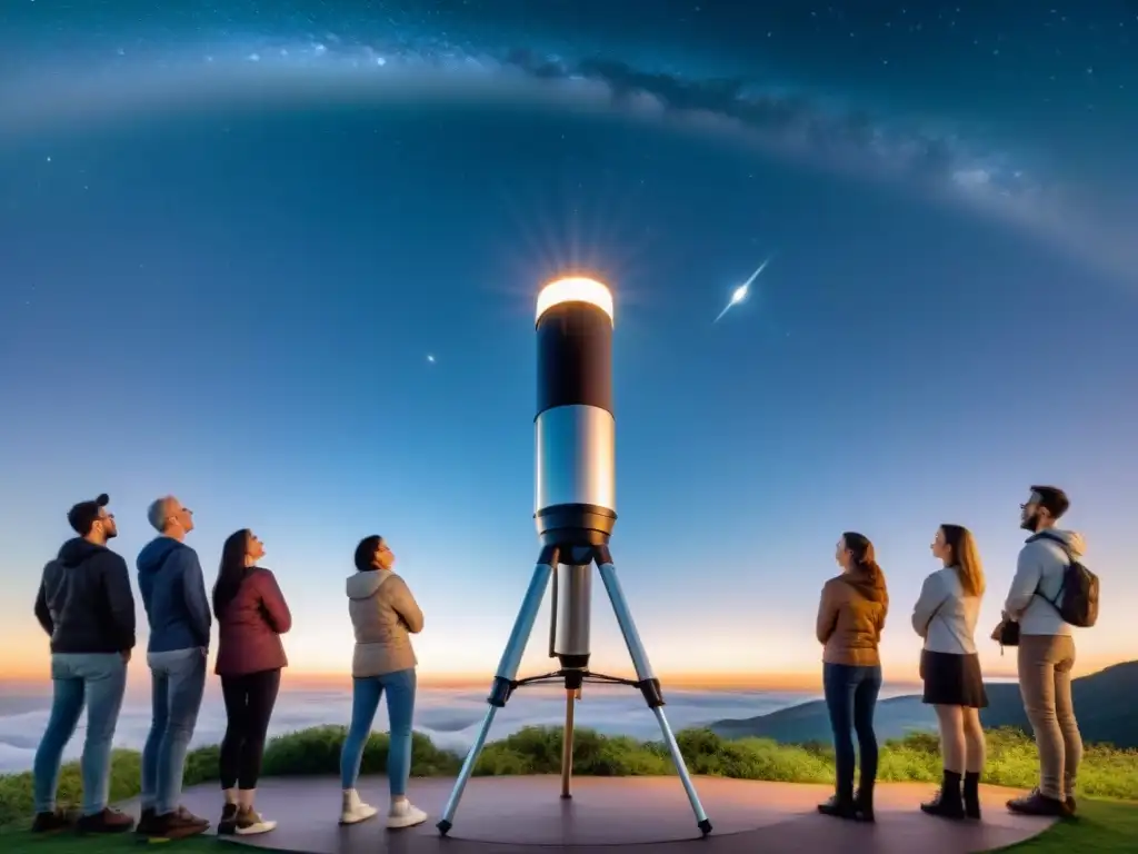 Grupo de astrónomos aficionados maravillados por la luna llena a través de uno de los mejores telescopios para principiantes, bajo un cielo estrellado