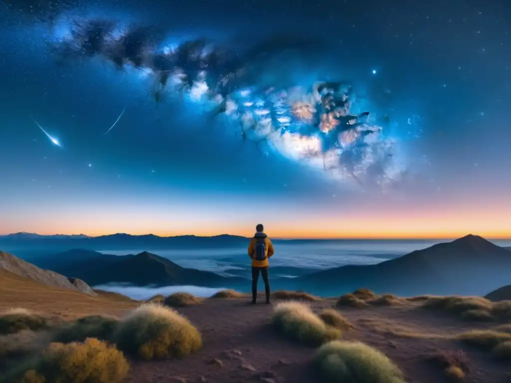 Observadores maravillados ante nebulosa brillante en la noche estrellada Un grupo de astrónomos aficionados maravillados observando una nebulosa brillante bajo un cielo estrellado, rodeados de constelaciones