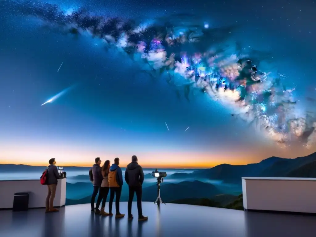 Un grupo de astrónomos aficionados maravillados en un observatorio, usando uno de los mejores telescopios para principiantes, bajo un cielo estrellado