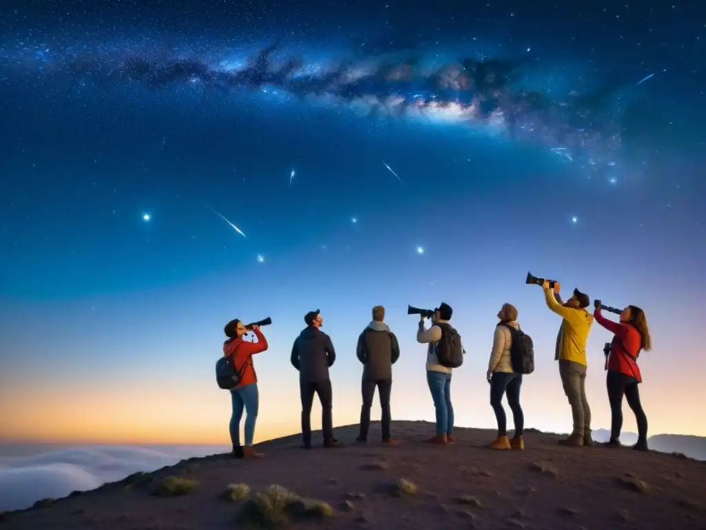 Un grupo de astrónomos aficionados maravillados observando el universo estrellado, inspirando a explorar con los mejores plugins software astronomía