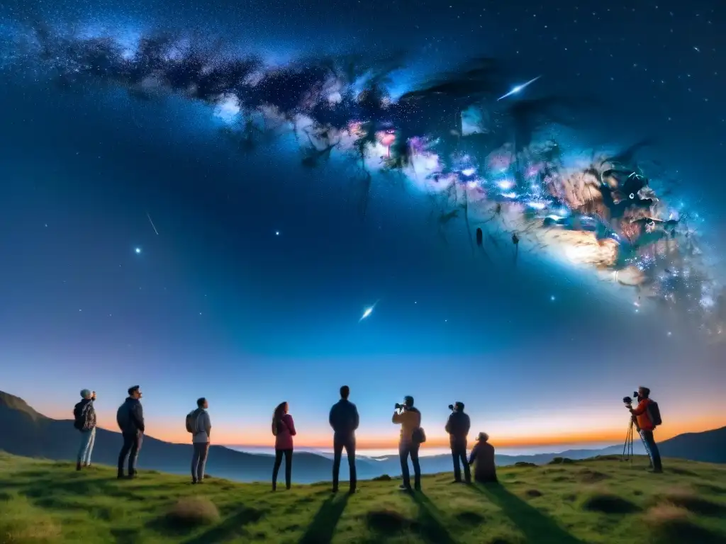 Un grupo de astrónomos aficionados maravillados bajo un cielo estrellado, observando el cosmos con sus telescopios