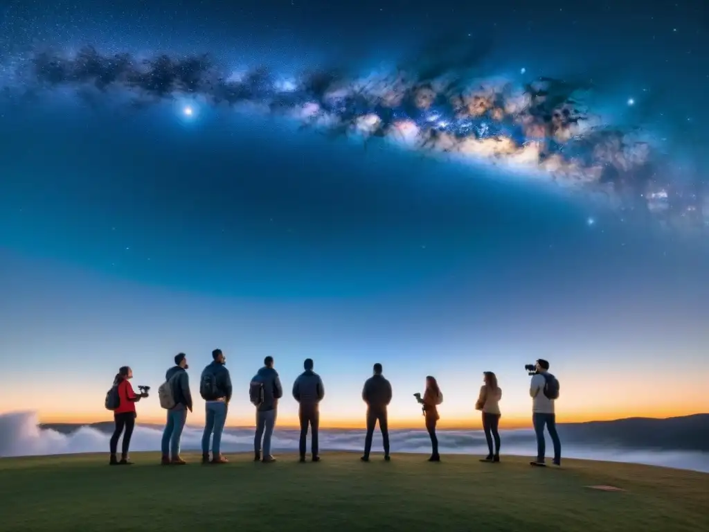 Un grupo de astrónomos aficionados maravillados observando una galaxia distante, rodeados de herramientas para aficionados al espacio