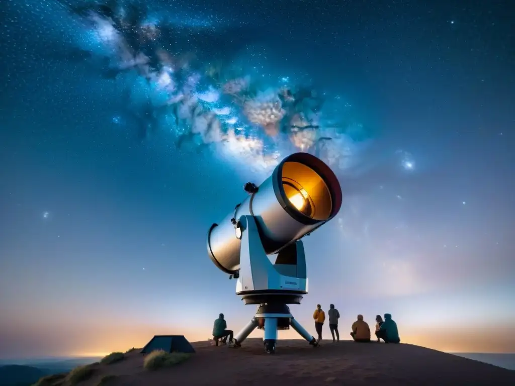 Un grupo de astrónomos aficionados observando la Vía Láctea con un telescopio, en una noche llena de estrellas