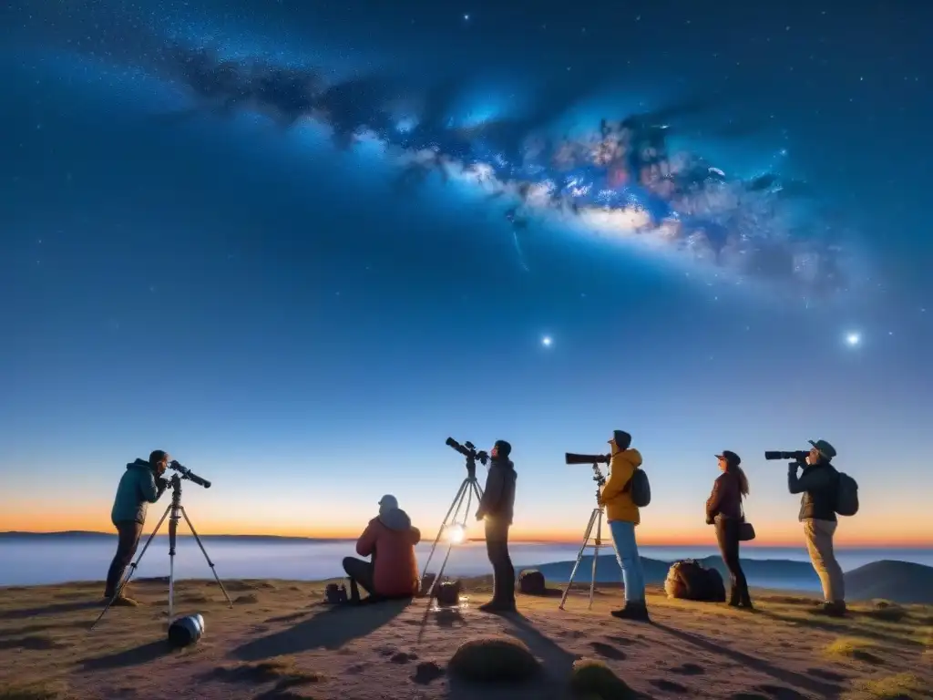 Grupo de astrónomos aficionados preparando sus telescopios bajo un cielo estrellado para observación astronómica de meteoritos