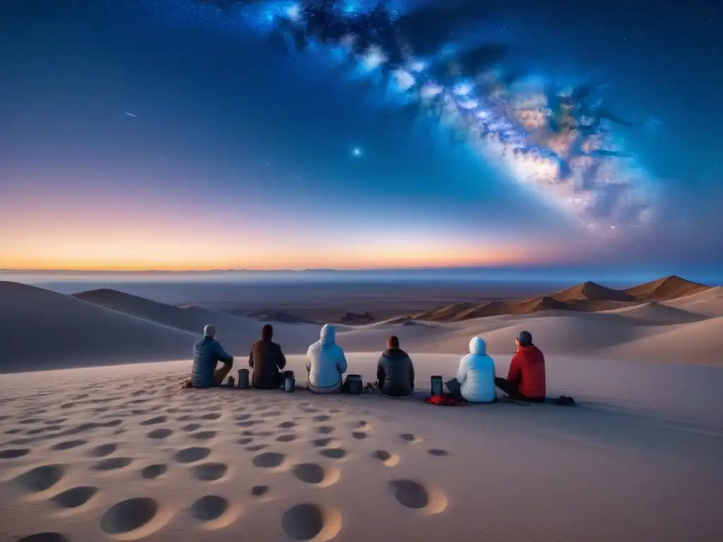 Un grupo de astrónomos aficionados preparando sus telescopios bajo un cielo estrellado en el desierto