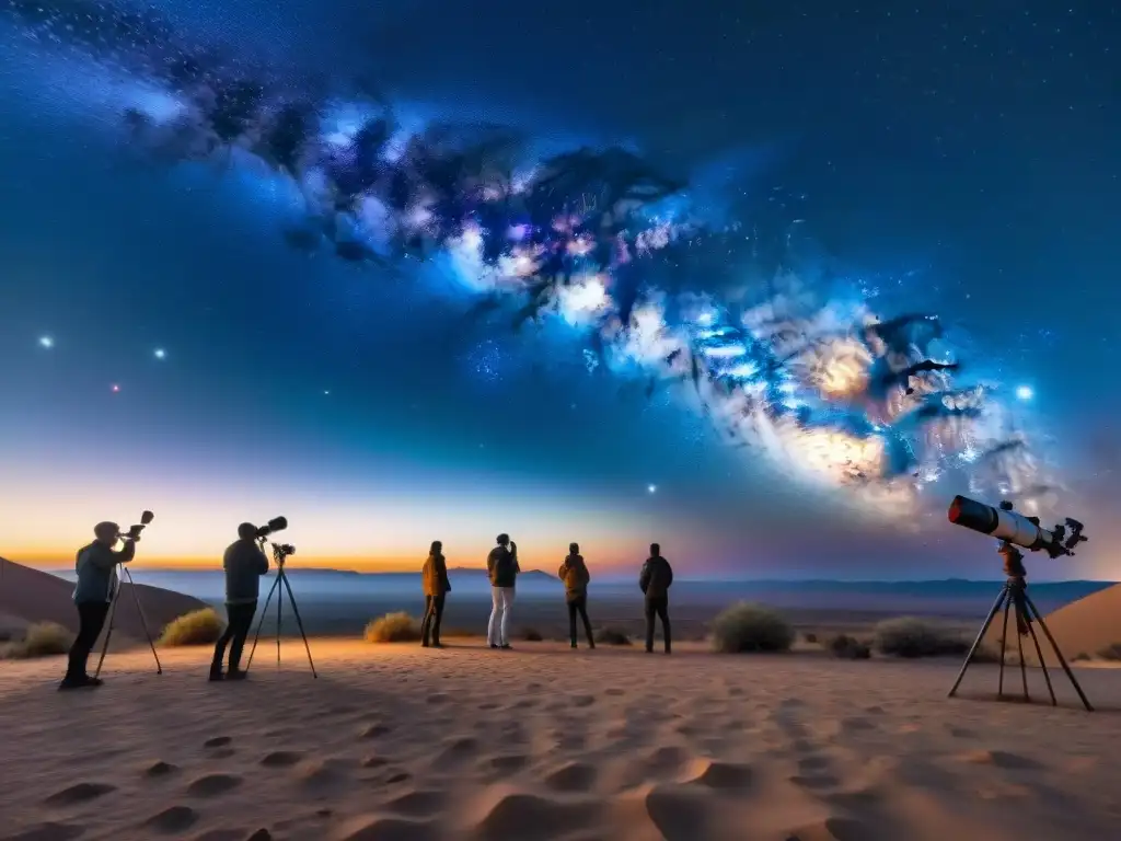 Un grupo de astrónomos aficionados montando telescopios bajo un cielo estrellado en el desierto, con la Vía Láctea brillando