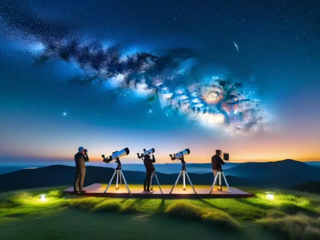 Grupo de astrónomos aficionados con Telescopios Dobsonianos bajo un cielo estrellado, observando la belleza del universo