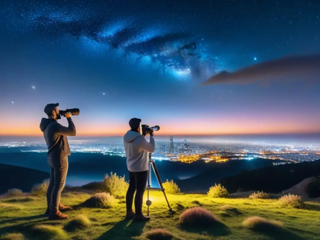 Grupo de astrónomos luchando contra la contaminación lumínica, ajustando telescopios bajo un cielo estrellado