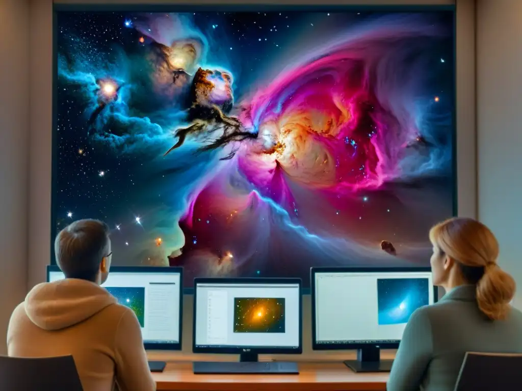 Un grupo de astrónomos de diferentes edades analizando juntos la Nebulosa de Orión en una pantalla de alta resolución en una sala de observatorio acogedora y llena de libros y telescopios, mostrando la belleza de explorar el cosmos