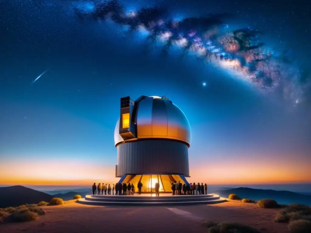 Grupo de astrónomos en observatorio apuntando telescopio a galaxia distante, buscando vida extraterrestre en la noche estrellada