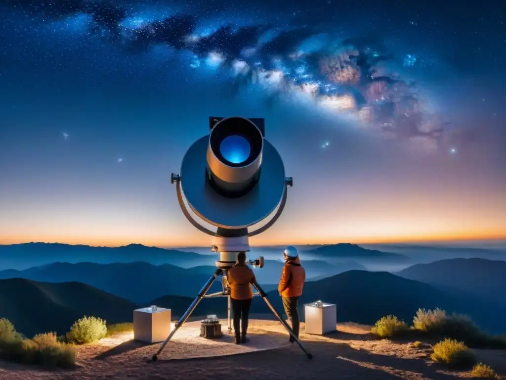 Grupo de astrónomos profesionales planificando observación astronómica bajo el cielo estrellado en observatorio de montaña