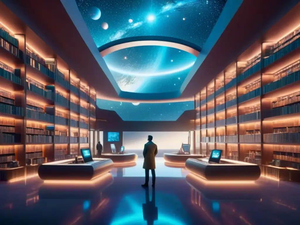 Grupo de autores ciencia ficción contemporáneos en biblioteca futurista de otro planeta, rodeados de tecnología alienígena