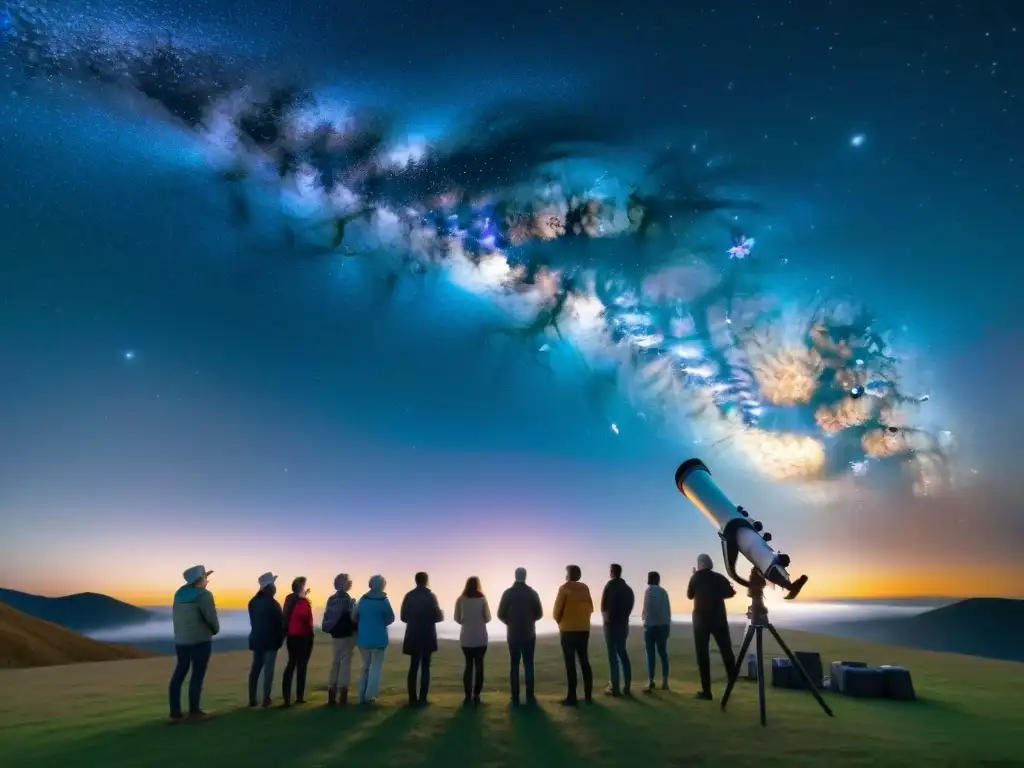 Grupo de científicos ciudadanos observando el cielo nocturno a través de un telescopio, maravillados por la Vía Láctea