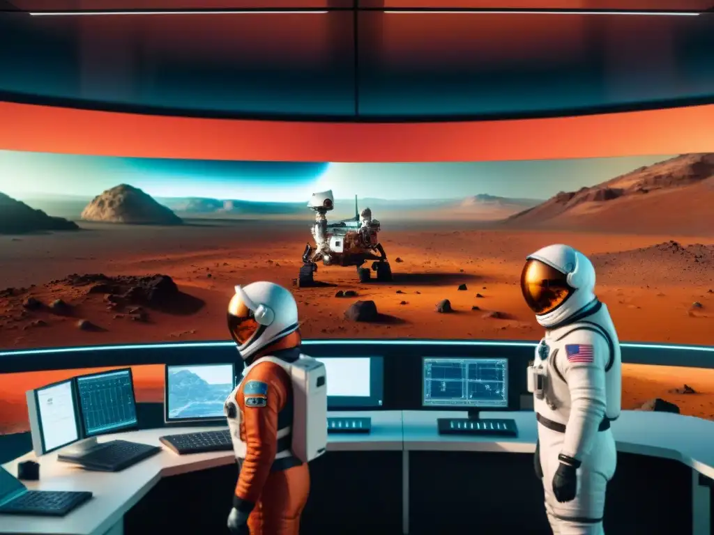 Grupo de científicos expertos en sala control de alta tecnología, monitoreando datos de rovers en Marte