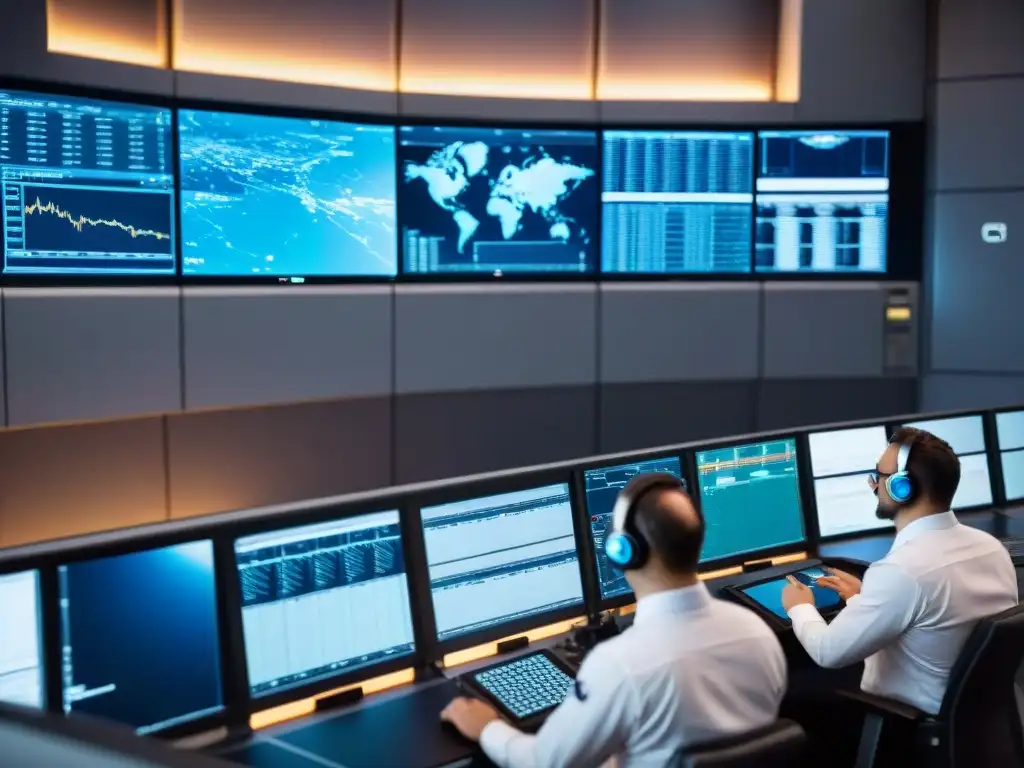 Grupo de científicos y ingenieros en sala de control, monitorean lanzamiento de nave espacial