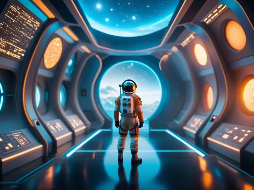 Un grupo de científicos en trajes espaciales estudian partículas cuánticas brillantes en una ciudad futurista, rodeados de un cosmos estrellado