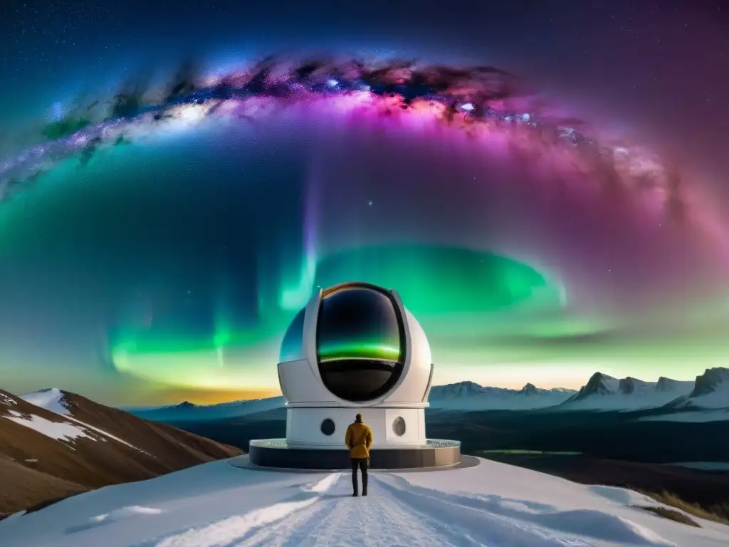 Un grupo de científicos diversos observa el universo a través de un telescopio, maravillados por la aurora boreal