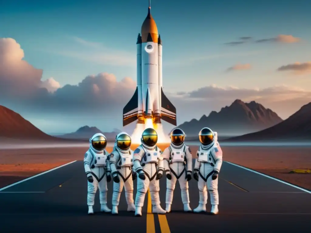 Un grupo diverso de aspirantes a astronautas listos para su aventura espacial, frente a un cohete en una base espacial, con la Tierra de fondo