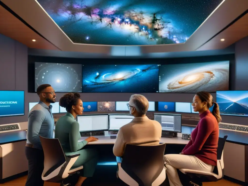 Grupo diverso de astrofísicos colaborando en observatorio avanzado, analizando datos astronómicos