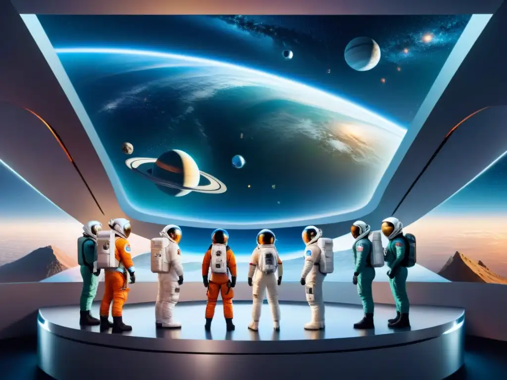 Un grupo diverso de astronautas en una estación espacial futurista, disfrutando de programas educativos y culturales