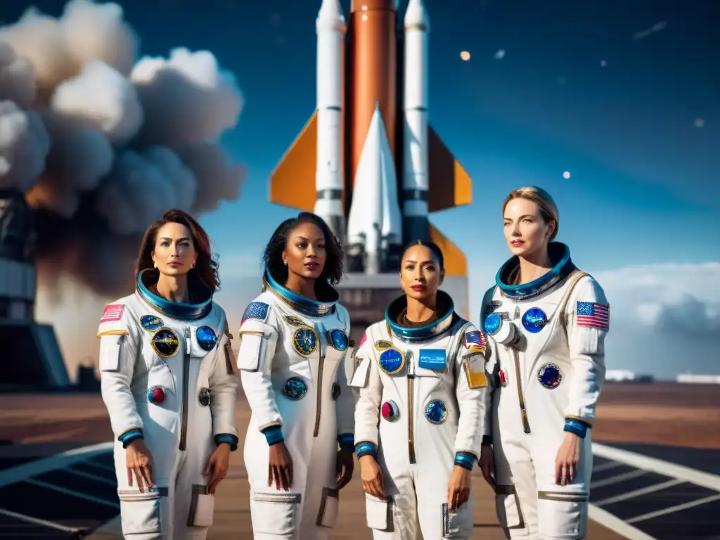 Un grupo diverso de astronautas femeninas en trajes espaciales futuristas, frente a un cohete en una plataforma de lanzamiento, con la Tierra de fondo