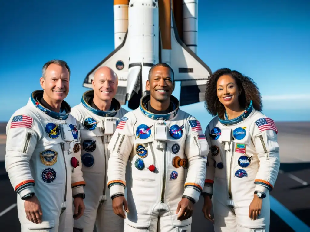 Un grupo diverso de astronautas frente a un transbordador espacial, listos para el lanzamiento