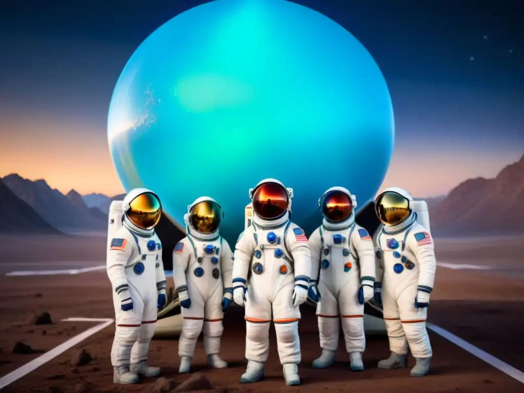 Un grupo diverso de astronautas frente a una nave espacial, con la Tierra de fondo