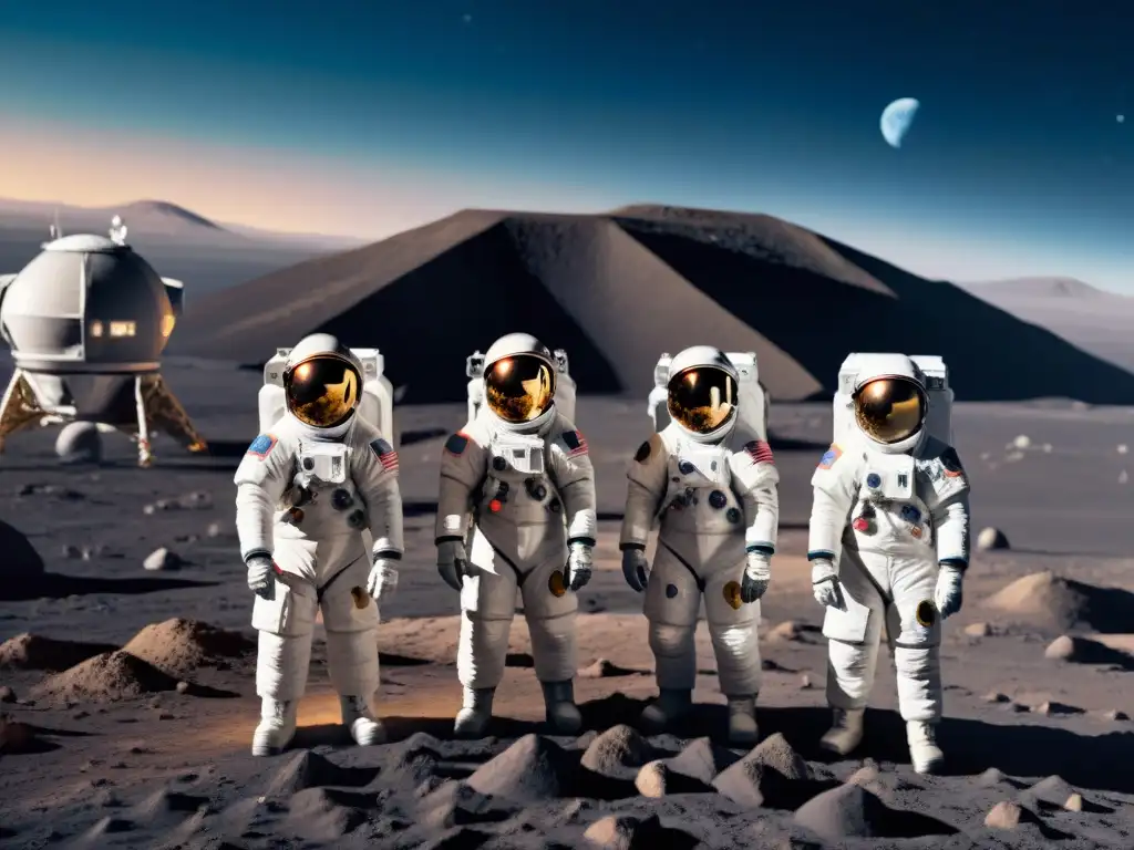 Un grupo diverso de astronautas frente a una base lunar futurista, mirando hacia el horizonte con determinación y asombro