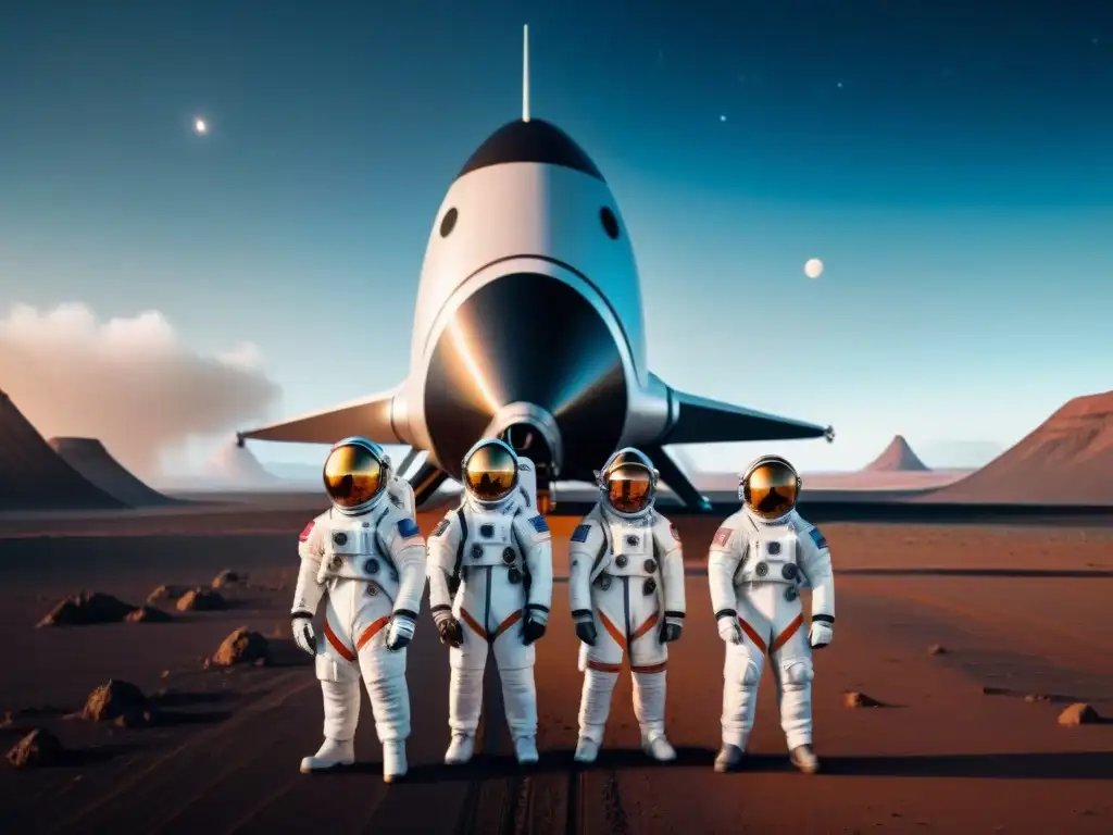 Un grupo diverso de astronautas de diferentes países frente a una nave espacial futurista, en un bullicioso puerto espacial