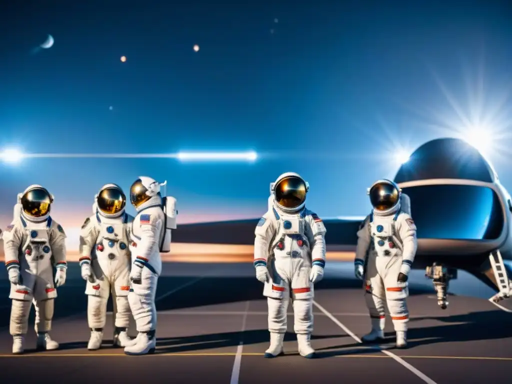 Un grupo diverso de astronautas de diferentes países, unidos frente a una nave espacial futurista