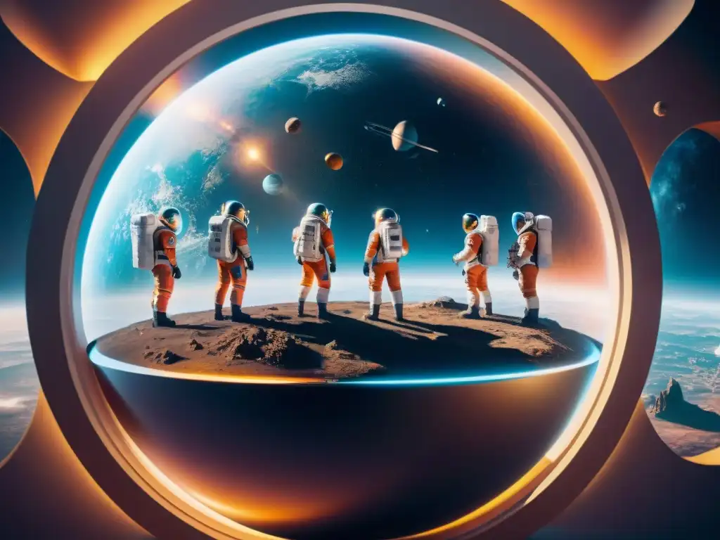 Grupo diverso de astronautas en trajes futuristas discutiendo frente a globo holográfico con planetas