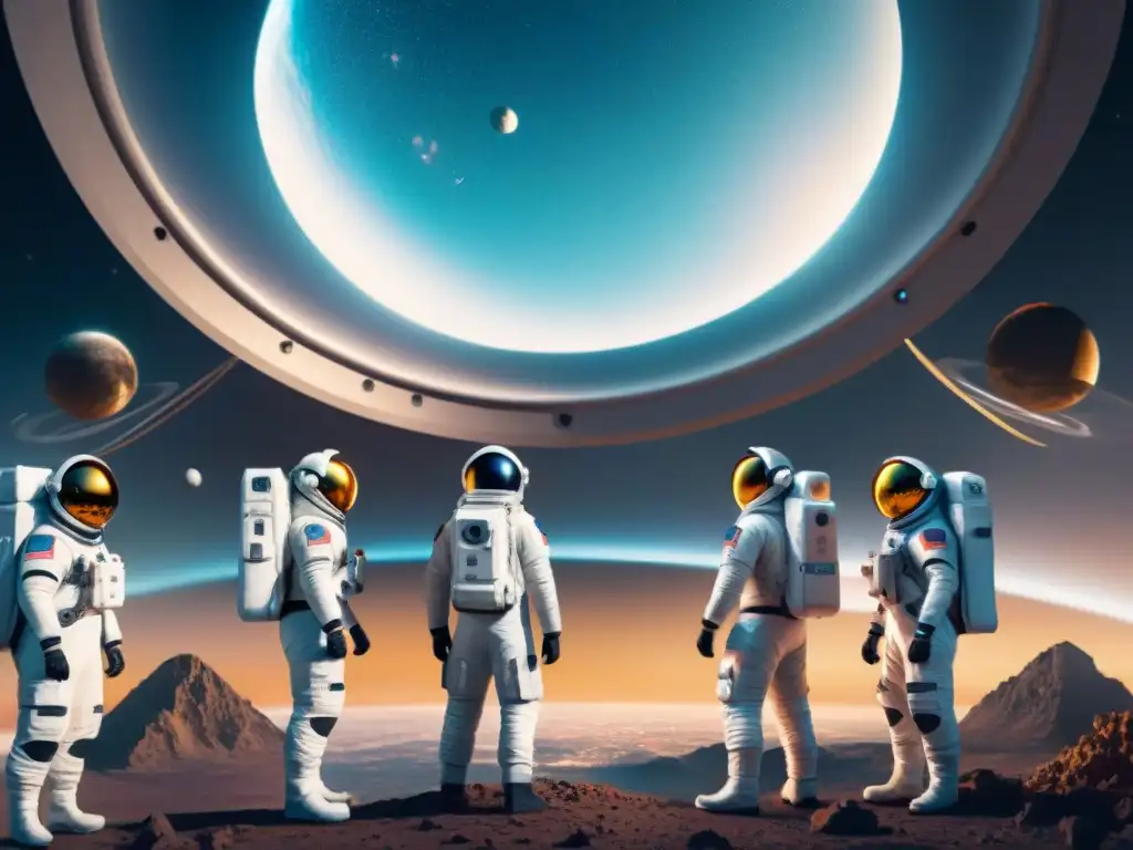 Un grupo diverso de astronautas en trajes espaciales futuristas admiran la vasta noche estrellada desde una colonia espacial, con la Tierra al fondo