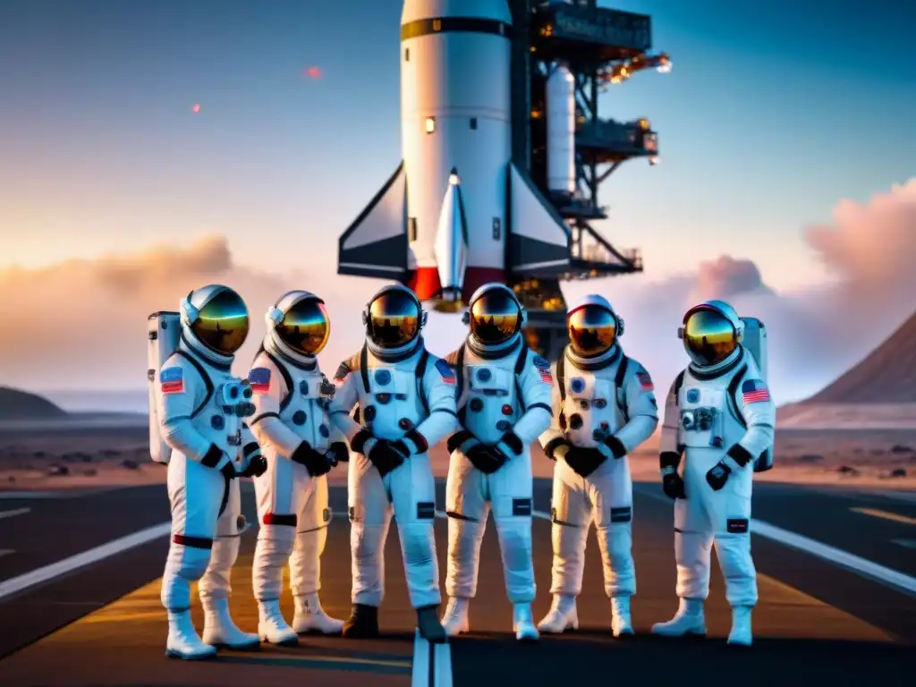 Un grupo diverso de astronautas en trajes futuristas frente a un cohete, con símbolos de plataformas de aprendizaje online