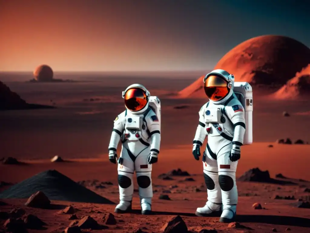 Un grupo diverso de astronautas en trajes espaciales futuristas, mirando hacia el horizonte en Marte, con el planeta rojo detrás
