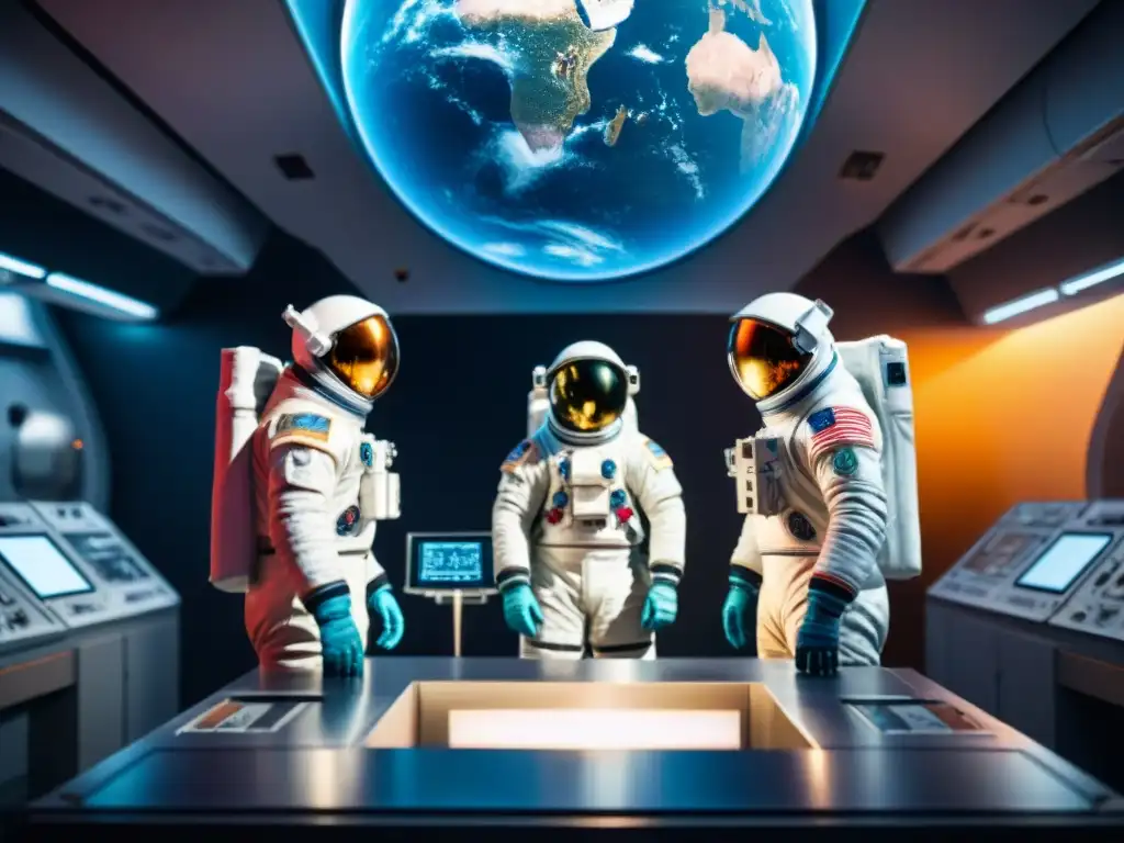 Un grupo diverso de astronautas en trajes espaciales futuristas realizando experimentos científicos dentro de un laboratorio en una estación espacial