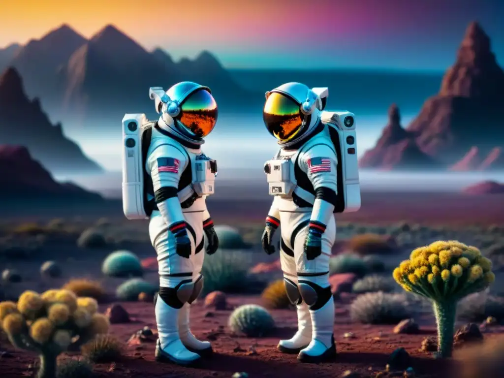 Un grupo diverso de astronautas en trajes futuristas exploran un planeta alienígena vibrante, interactuando con flora y fauna únicas en armonía