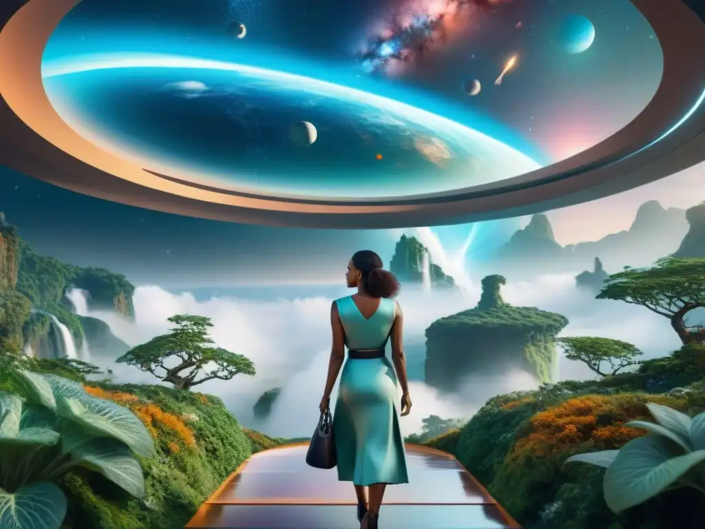 Un grupo diverso de autoras de ciencia ficción feministas discuten en una estación espacial futurista rodeada de naturaleza y tecnología