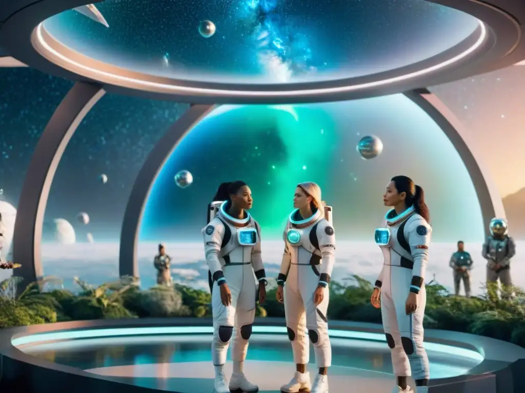 Grupo diverso de autoras de ciencia ficción feministas en estación espacial futurista con tecnología innovadora y naturaleza exuberante